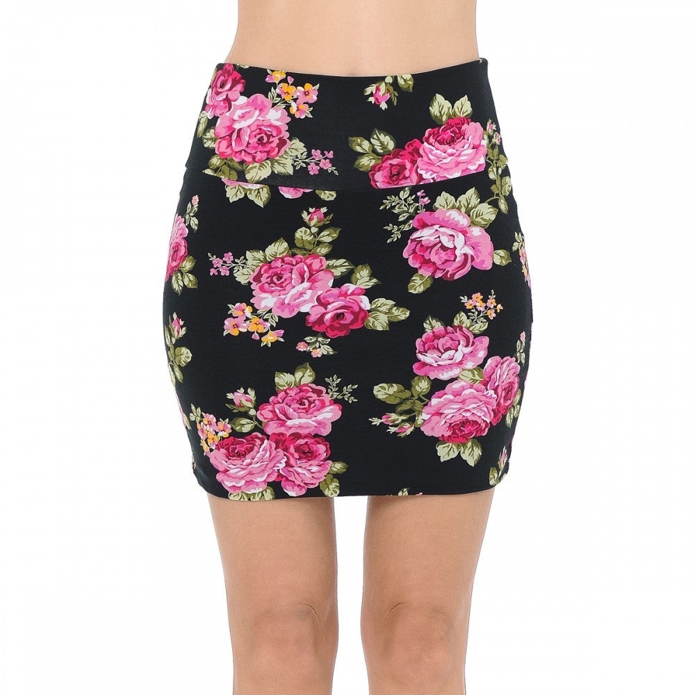 Pink and Black Floral High Waist Bodycon Skirt
